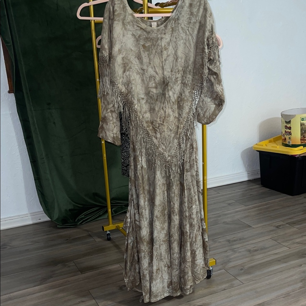 Vintage 1980s Moroccan Maxi Dress Brown Fringe Boho Desert Goddess Festival M